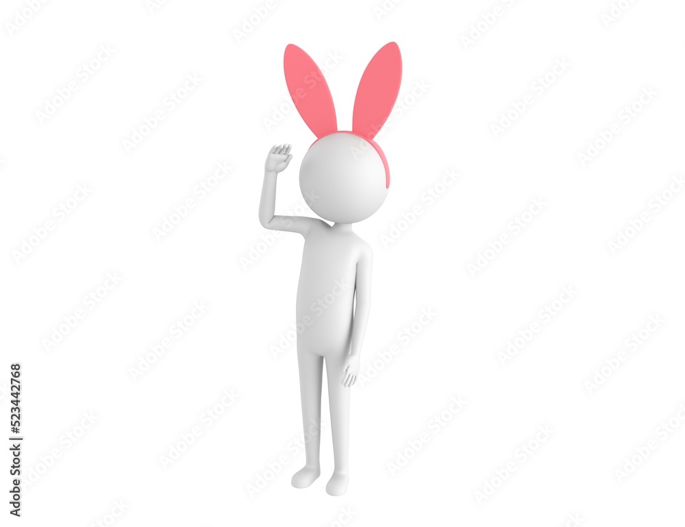 Stick Man Wearing Pink Bunny Headband character saluting in 3d rendering.
