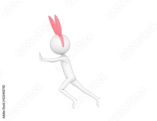 Stick Man Wearing Pink Bunny Headband character pushing wall in 3d rendering.