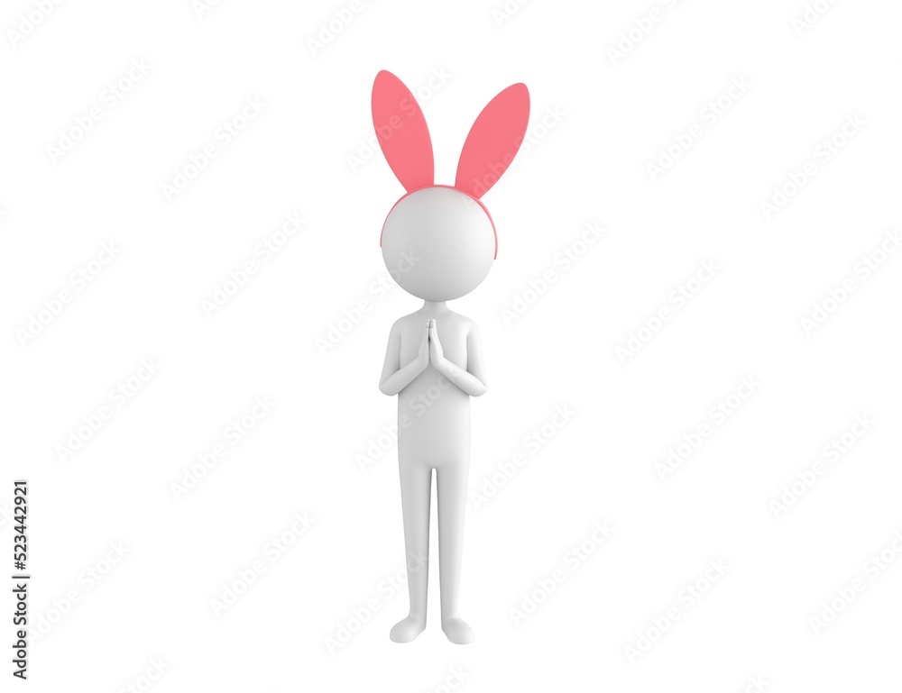Stick Man Wearing Pink Bunny Headband character praying with hands held together in 3d rendering. Stick Man Wearing Pink Bunny Headband character praying with hands held together in 3d rendering.