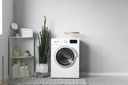 Interior of modern laundry room with washing machine, cactus and shelving unit