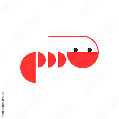 Shrimp logo or cartoon illustration in red color from semicircular geometric shapes minimal style, crustacean silhouette side view.