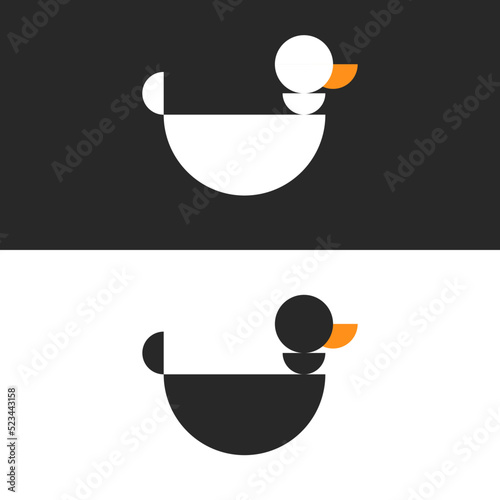 Bird duck logo side view semicircle geometric shapes or black and white kids illustration minimal style, silhouette waterfowl.