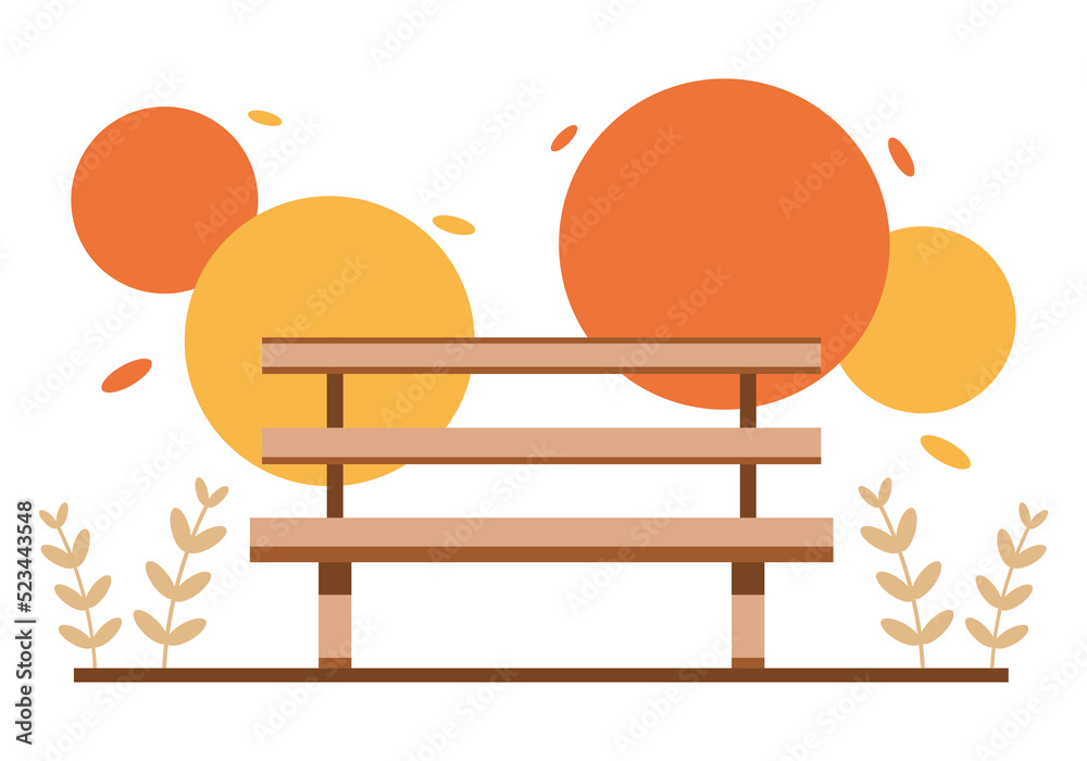 Brown wooden bench for sitting rest with grass tree in park autumn leaves on white background flat vector icon design.