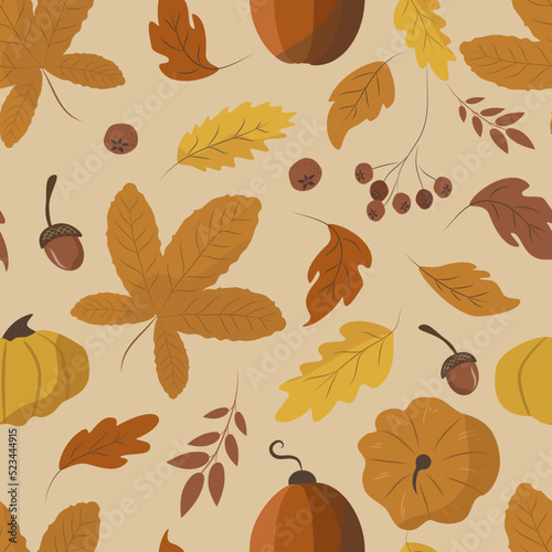 vector seamless pattern in flat style with autumn leaves, berries and pumpkins