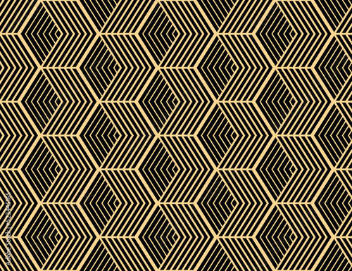 Abstract geometric pattern with stripes, lines. Seamless vector background. Gold and black ornament. Simple lattice graphic design