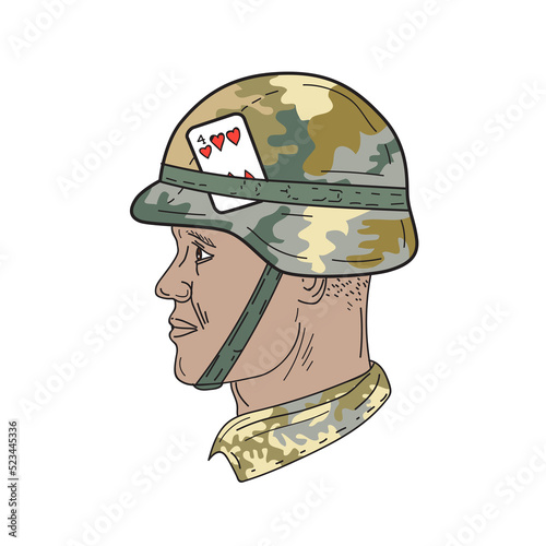 African American US Army Soldier Helmet Playing Card Drawng photo