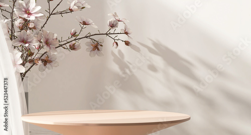 Quadro em tela Realistic 3D render blank empty pastel pink podium with cherry blossom flower bouquet and blowing white curtain