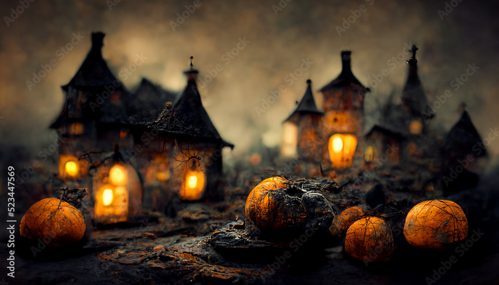Witch's village with pumpkins for halloween festival.realistic halloween festival illustration. The background has a blur that mimics a photograph.