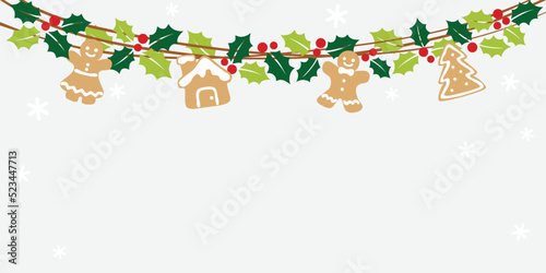 Christmas bunting with holly leaves  and gingerbread 