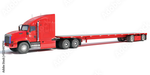 Bild auf Leinwand Red Truck with Flatbed Trailer 3D rendering on white background