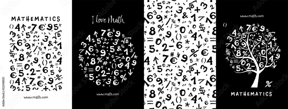 Math concept art collection. Frame, pattern, tree. Set for your design project - cards, banners, poster, web, print, social media, promotional materials. Vector illustration - obrazy, fototapety, plakaty 