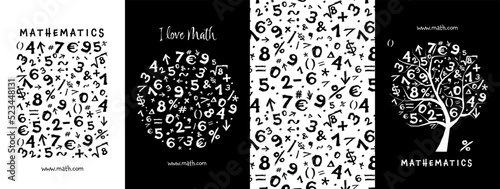 Math concept art collection. Frame, pattern, tree. Set for your design project - cards, banners, poster, web, print, social media, promotional materials. Vector illustration