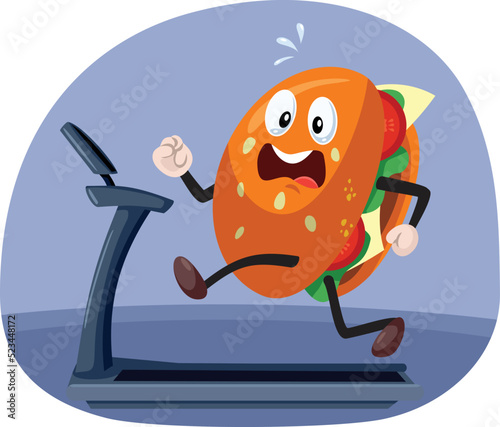 Funny Hamburger Running on a Treadmill Vector Cartoon Illustration. Active sandwich doing cardio exercise 
