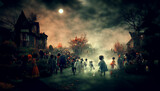Horde of zombie walking in abandoned village.realistic halloween festival illustration. The background has a blur that mimics a photograph.