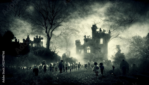 Horde of zombie walking in abandoned village.realistic halloween festival illustration. The background has a blur that mimics a photograph.