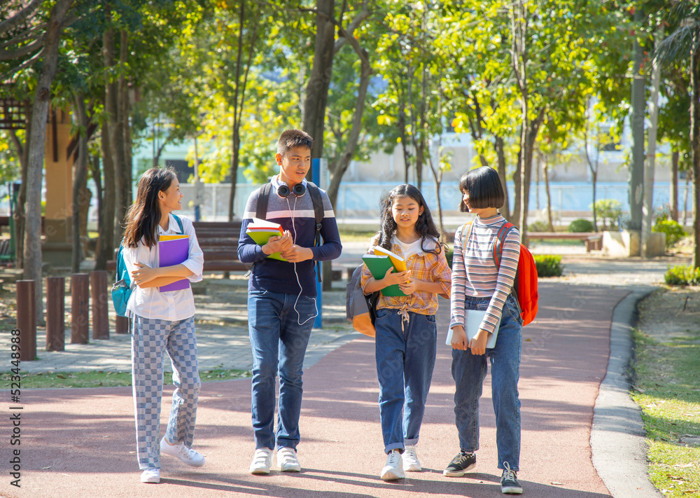 Fototapeta premium Asian teenagers student walking together in the park after school, Education concept.