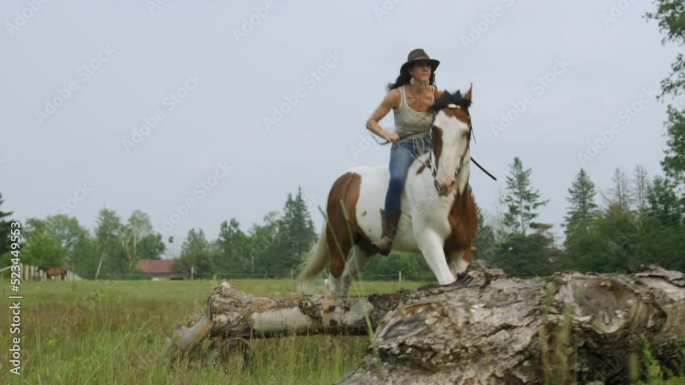 Professional cowgirl rides her adult pinto horse over practice hurdles in a field. Low angle shot, pull back and tilt up.