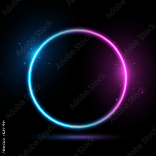 Purple and blue neon abstract sparkling round. Frame design. Glowing frame with magical dust. Vector illustration