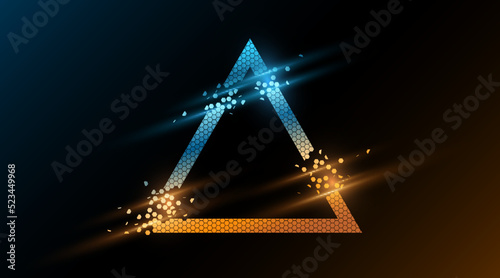Fotografía Futuristic glowing triangular banner of crumbling hexagons with light effect on dark background