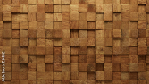 3D Tiles arranged to create a Natural wall. Timber, Wood Background formed from Square blocks. 3D Render photo