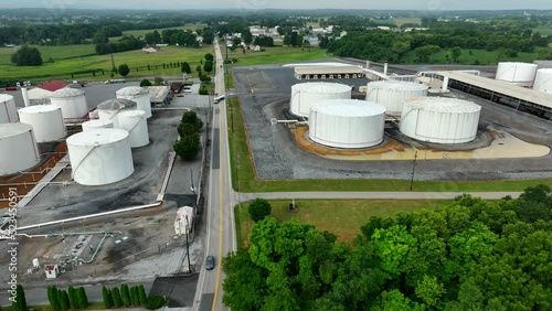 Wide aerial of fuel terminal in USA. Oil and gas storage tanks in United States. photo