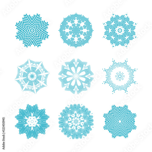 A large set of New Year's snowflakes, lights, salute elements and various decorative signs. Abstract fractal signs for design in vector. Circular decorative flares and lights on a white background. 