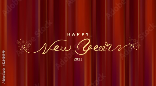 Happy New Year holiday poster with lettering on red curtain. Vector theatrical scene for greeting. Holiday Christmas template with white text and decoration