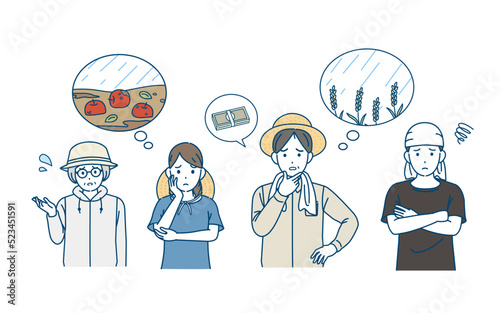 自然災害に困る　農家の人達　負債　台風　豪雨　農業　不作　イラスト