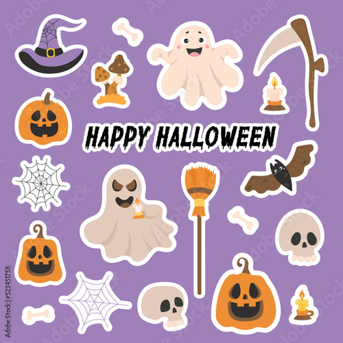 Collection of vector stickers Happy Halloween. Cute characters jack pumpkin, spider bat, ghost, cobweb, skull, witch hat and scythe with broom. Isolated elements for decor, design, decoration, print