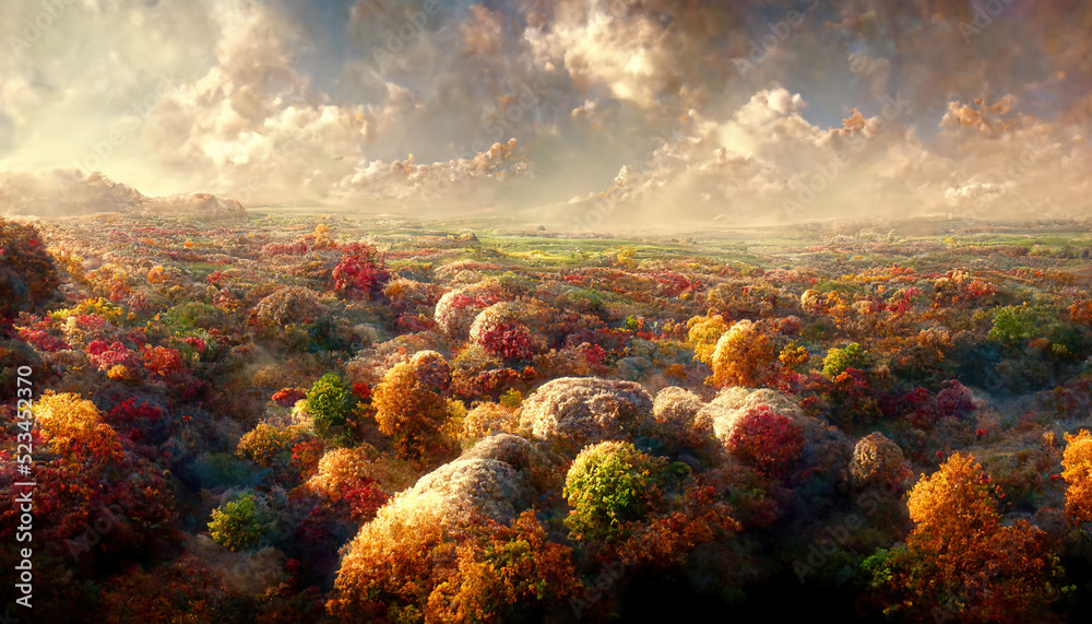 Autumn landscape with autumn trees, idyllic and peaceful amazing nature scenery. 3D illustration.