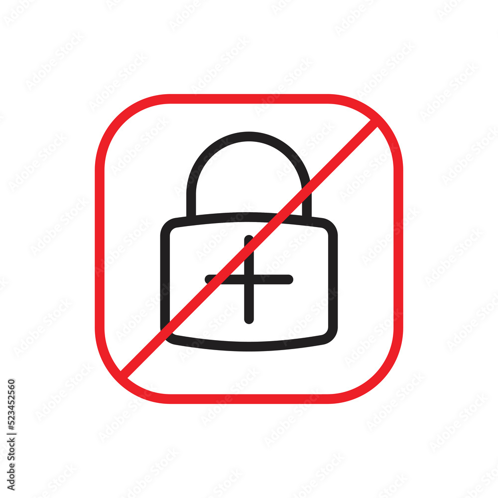 No lock icon. Blocking icon. Lock is prohibited. lock no access symbol. Vector illustration. No lock icon. Blocking icon. Lock is prohibited. lock no access symbol. Vector illustration.
