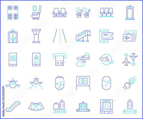 Simple Set of airport Related Vector Line Icons. Contains such Icons as flight, runway, tower, landing, travel, baggage, arrival, tourism and more.