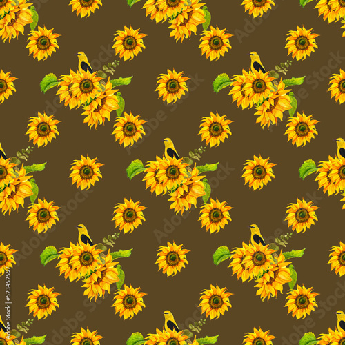 Botanical floral seamless pattern, wild meadow sunflower isolated on brown background, for book, cover, banner, textile, packaging. Flowers, buds and leaves. Watercolor hand drawn illustration