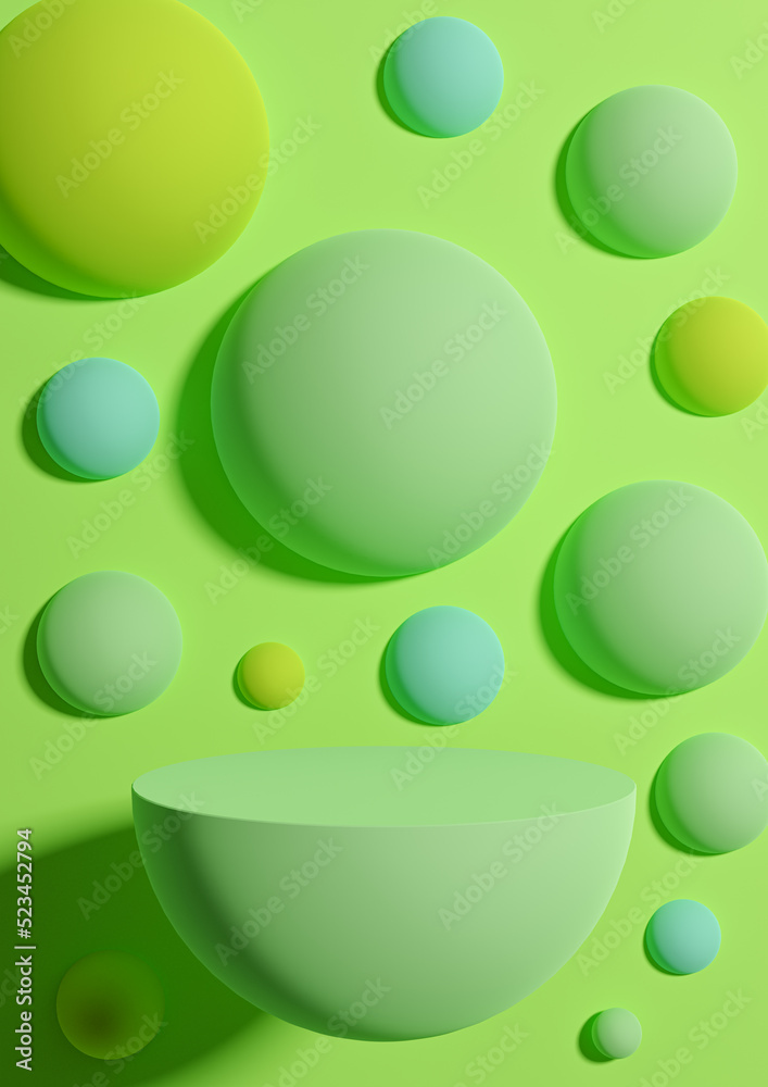 Bright, neon green 3d Illustration simple minimal product display background side view abstract colorful bubbles or spheres podium stand for product photography or wallpaper Bright, neon green 3d Illustration simple minimal product display background side view abstract colorful bubbles or spheres podium stand for product photography or wallpaper