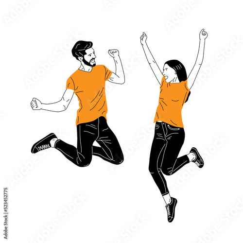 illustration of two cheerful, happy and jumping teenagers