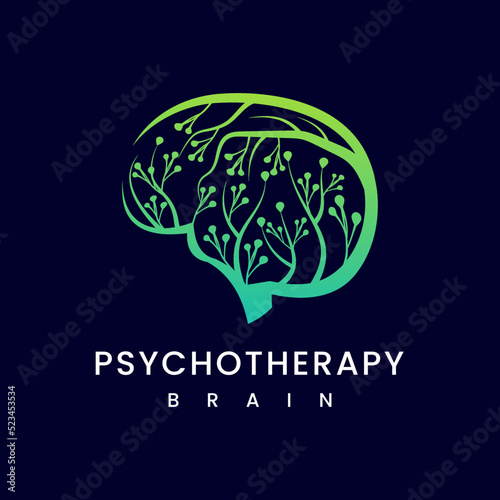 Psychology Human brain organs with modern flowers. Vector illustration of a logo on an isolated hit background. Human brain organ, healthy mind, flower, psychotherapy logo concept