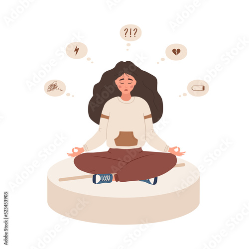 Sad girl is sitting on large pill. Depression drugs. Unhappy woman needs medical help. Psychological illness concept. Vector illustration in flat cartoon style.