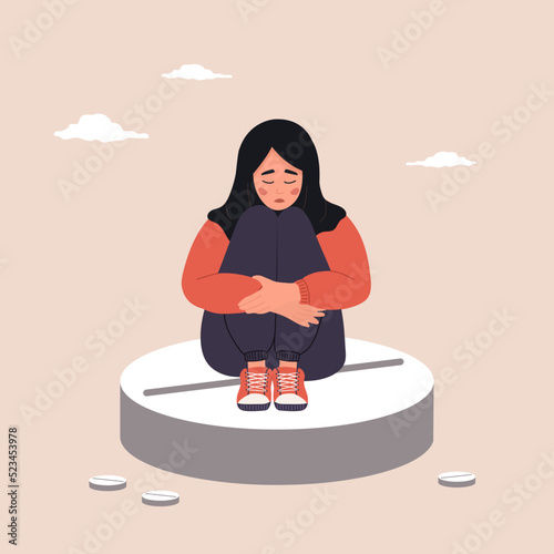 Menstrual pain. Drugs to relieve PMS symptoms. Sad arabic woman with abdominal cramps sitting on large pill. Female critical day problems. Vector illustration in flat cartoon style.
