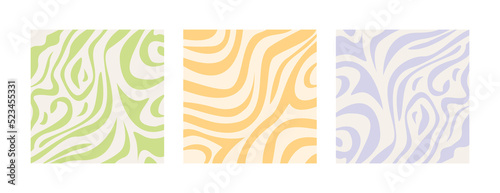 Set of abstract liquid wavy patterns in pastel bleached colors. Psychedelic backgrounds in retro 60s 70s style. Collection of hippie aesthetic groovy print. Vector illustration in flat style.
