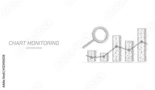Abstract technology low poly financial chart analysis with magnifier diagram wireframe. Stock market business trading black outline concept background.