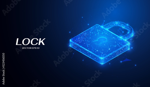 Low poly wireframe of lock symbol. Technology digital data protection concept vector. Polygonal connection network on blue background.