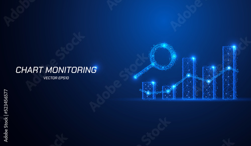 Abstract 3d low poly stock chart financial analytics with magnifier vector. Digital hologram business template on blue background.