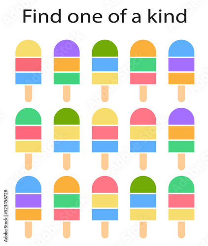 Fun education game for kids. Need to find one of a kind ice cream. Kids activity page. Vector illustration