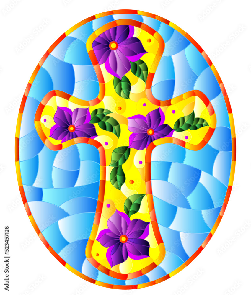 Fototapeta premium Illustration in stained glass style with Christian cross decorated with purple flowers on blue background, oval image