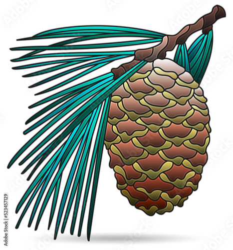 An illustration in the style of a stained glass window with a bright cone with needles , isolated on a white background