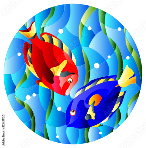 Illustration in stained glass style with a pair bright fishes on the background of water and algae,oval picture