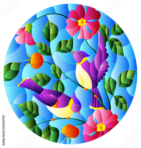 фотографія Illustration in stained glass style with two purple birds on the branches of blo
