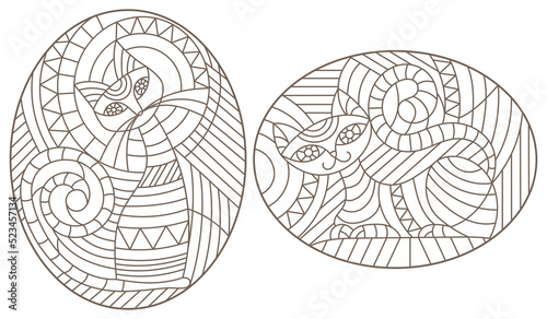 Set of outline illustrations in the style of stained glass with abstract cats , dark outlines on white background