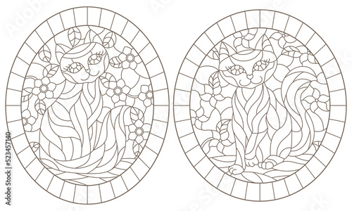 A set of contour illustrations of stained glass Windows with cats on a background of colors, dark contours on a white background