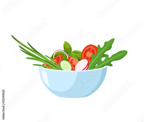 Bowl with salad on a white background. Healthy nutrition. Cartoon design.
